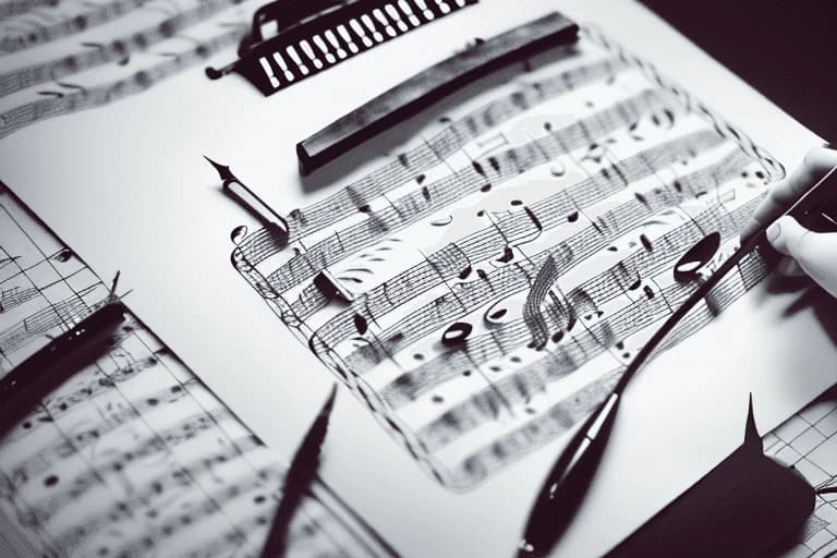 Monochrome close-up of sheet music with a hand holding a pen, writing notes, and other pens nearby.