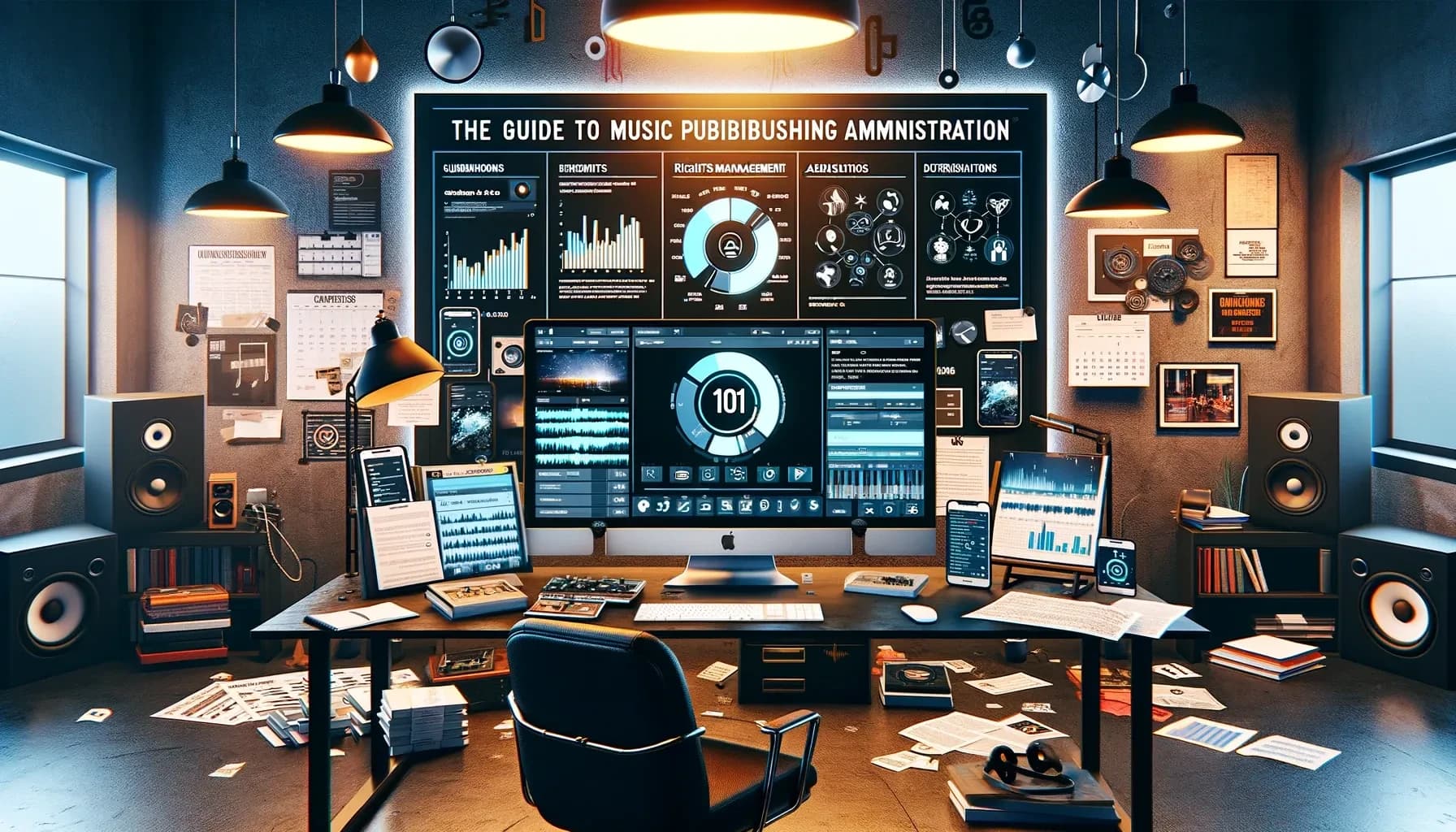 Music studio with a large monitor displaying "The Guide to Music Publishing Administration" and data visualizations.