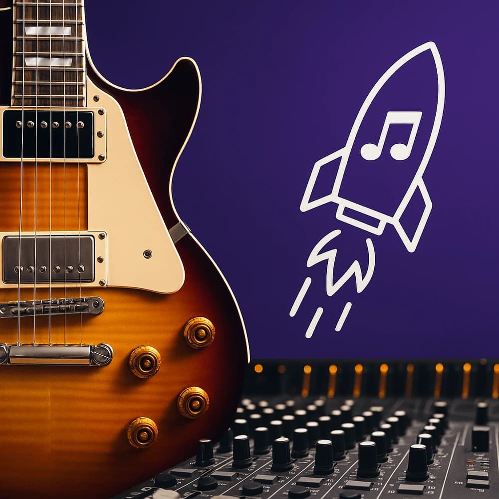 Electric guitar, audio mixer, and a rocket with a music note on a purple background.